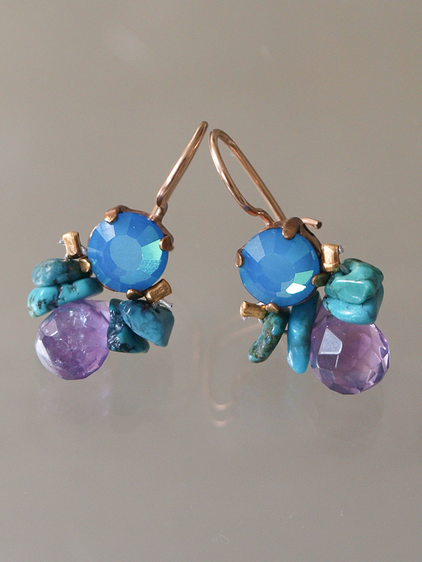 earrings Bee blue and purple crystal, turquoise